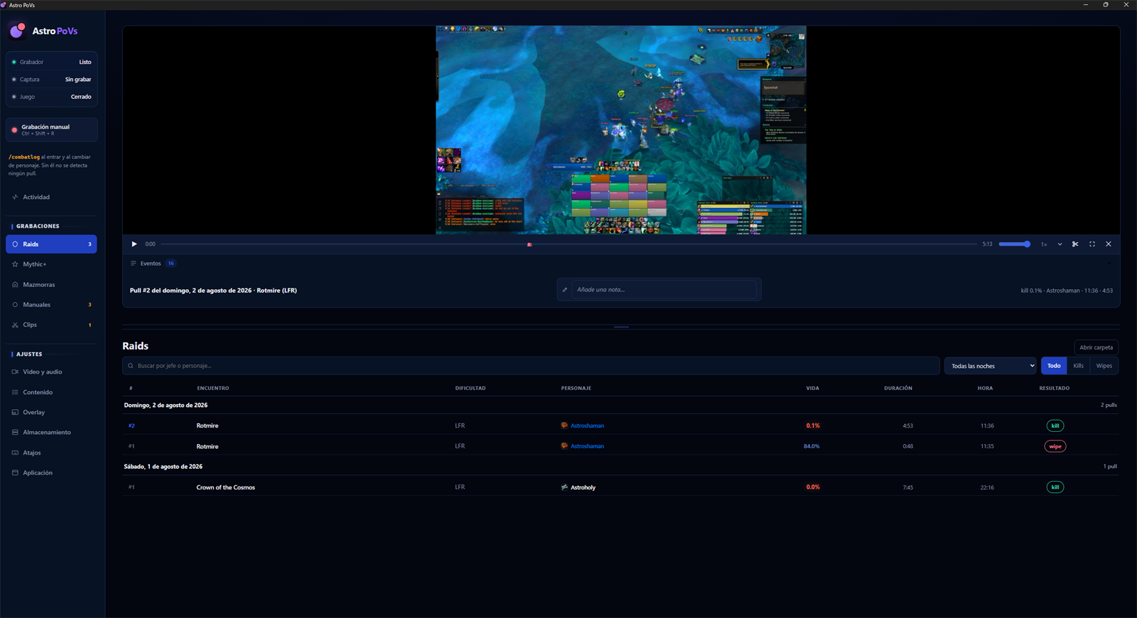 Astro PoVs: la lista de pulls de la noche y el reproductor con sus eventos