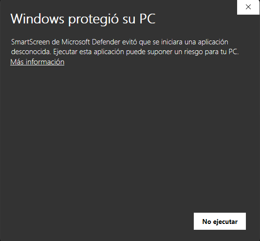El aviso de SmartScreen con el enlace «Más información» sin pulsar